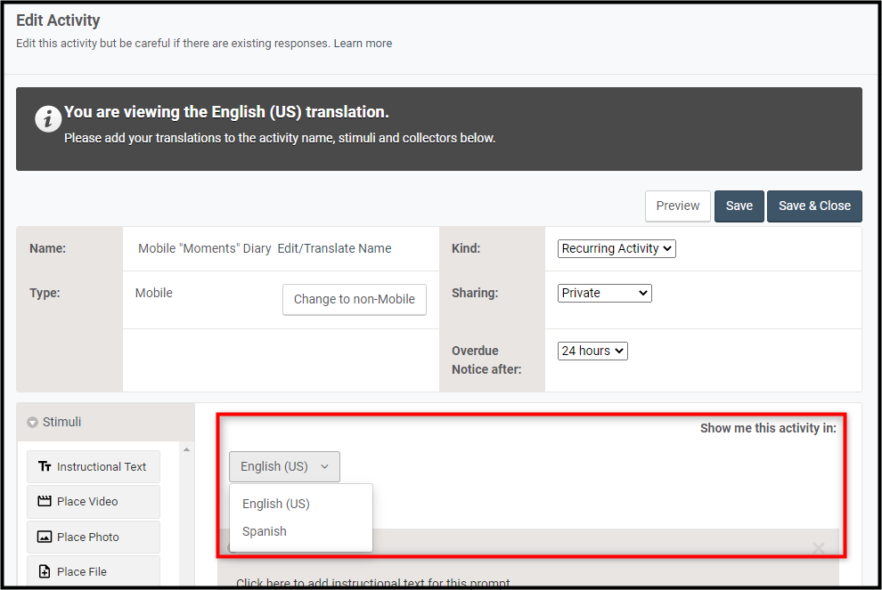 Choose a translation using the drop-down menu